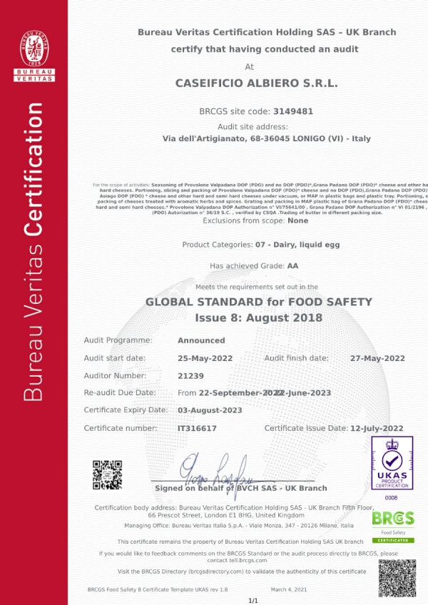 Certificazione BRC FOOD sito di Lonigo